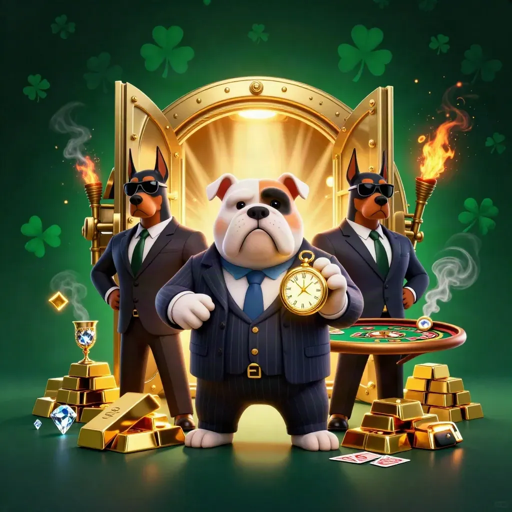 Bulldog mob boss and Dobermans by a blazing vault, gold and emerald casino chaos.