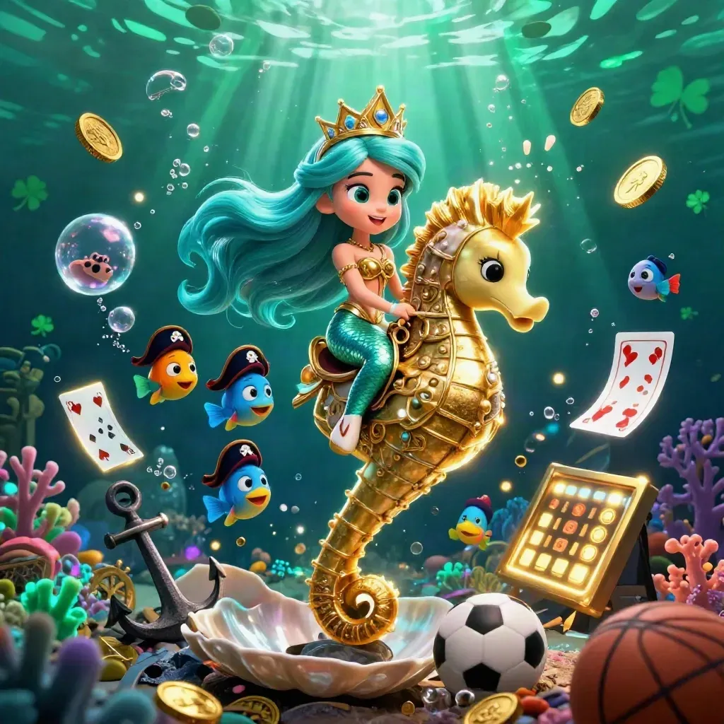Mermaid princess on armored seahorse with pirate fish, coins, cards, and casino icons underwater.