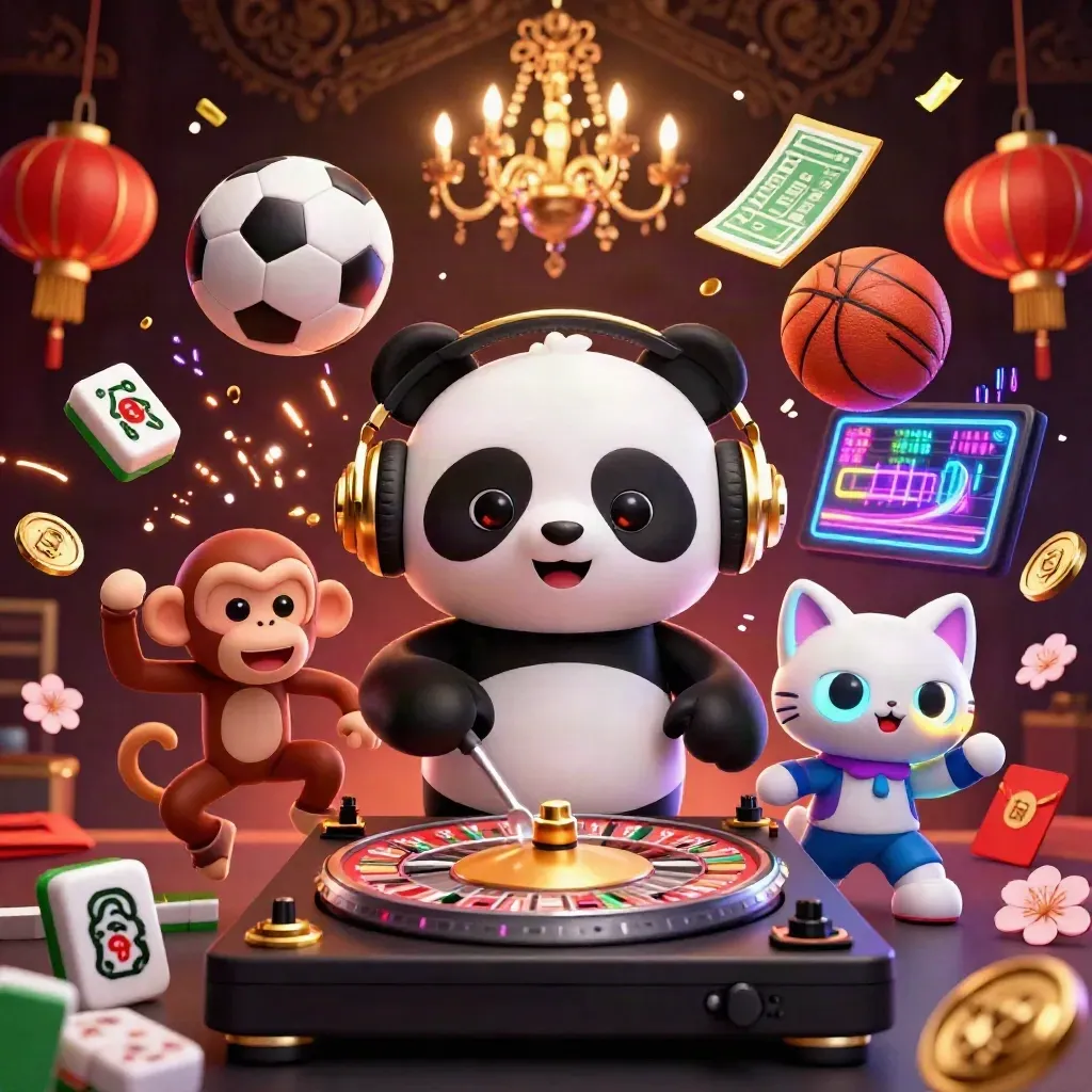 DJ panda, breakdancing monkey and glow-stick kitten amid casino sports props and neon gold lights