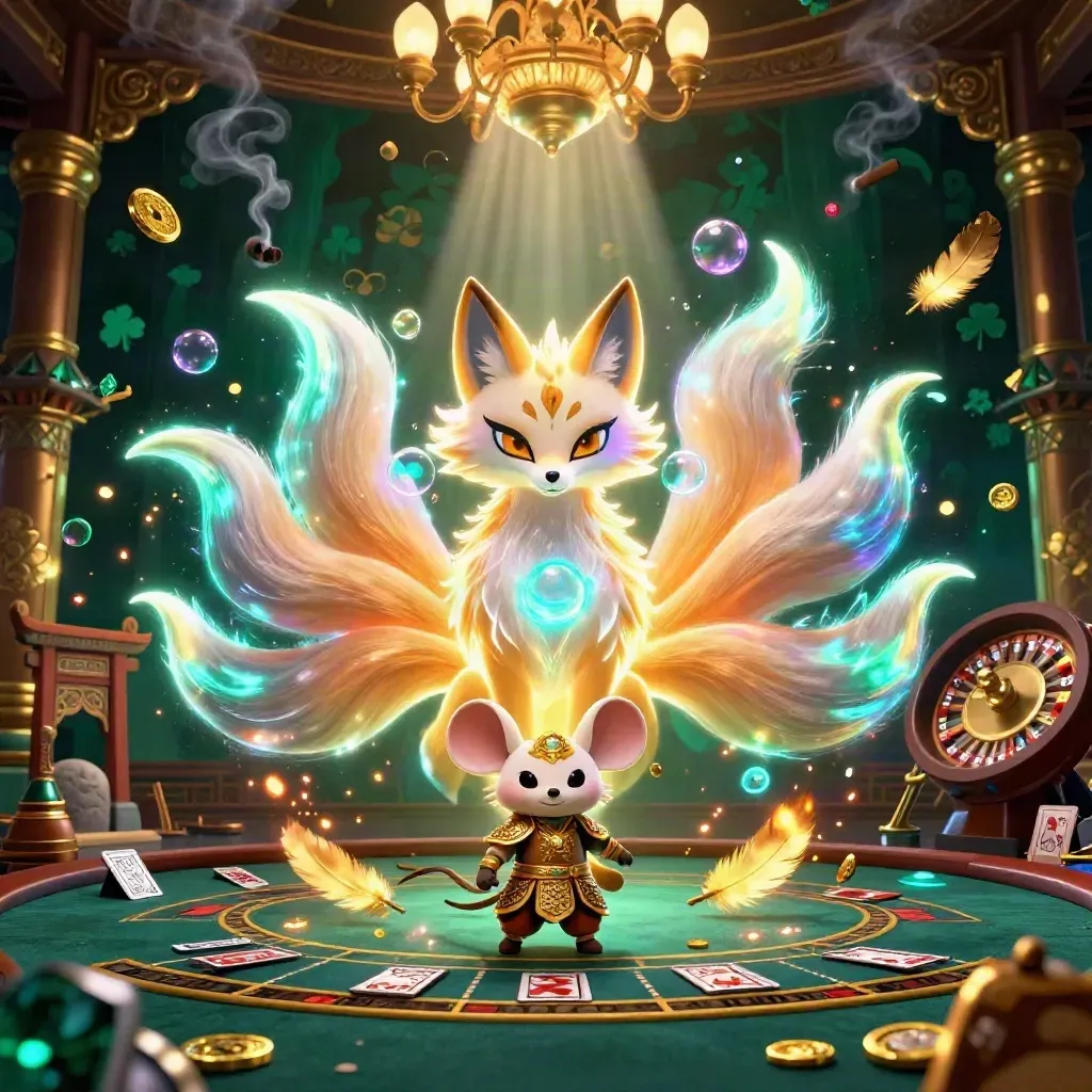 Neon fox spirit and armored mouse in a luxe casino room with brass, smoke, and glowing props