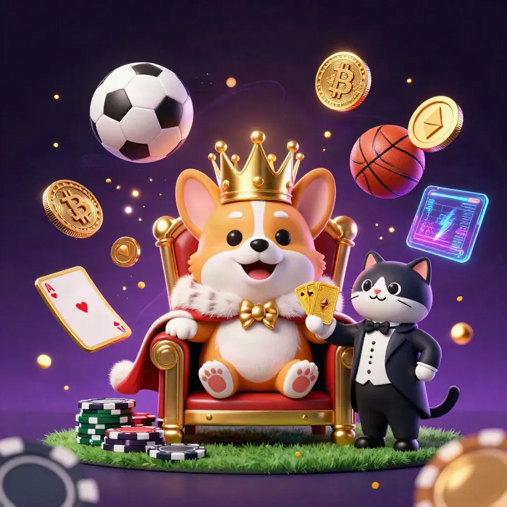 Royal corgi and cat butler amid casino coins, sports balls, and neon energy