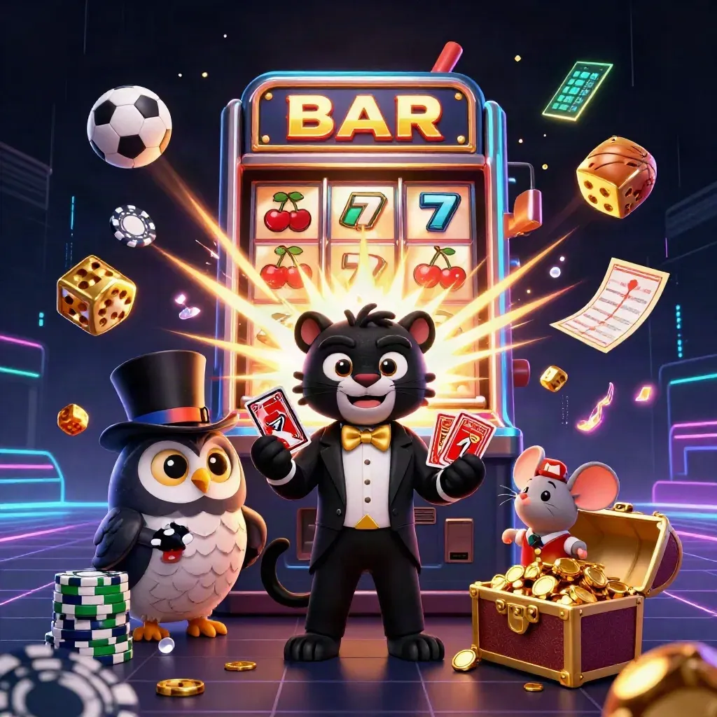 Panther dealer, owl and mouse amid exploding slot jackpot, flying sports balls, neon casino glow.