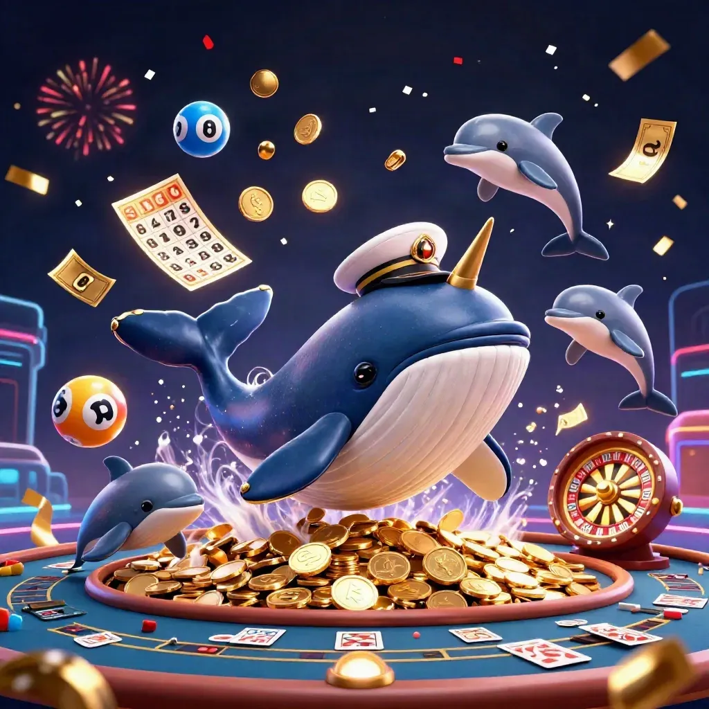 Whale, narwhal, and dolphins in a luxe casino key art scene with coins, lights, and spinning games.