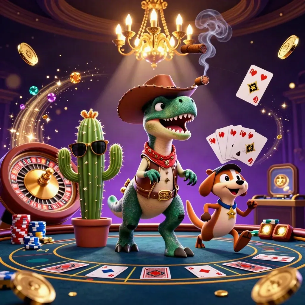 Cowboy T-Rex, cactus, and roadrunner in a luxe casino glow with coins, gems, and purple neon.