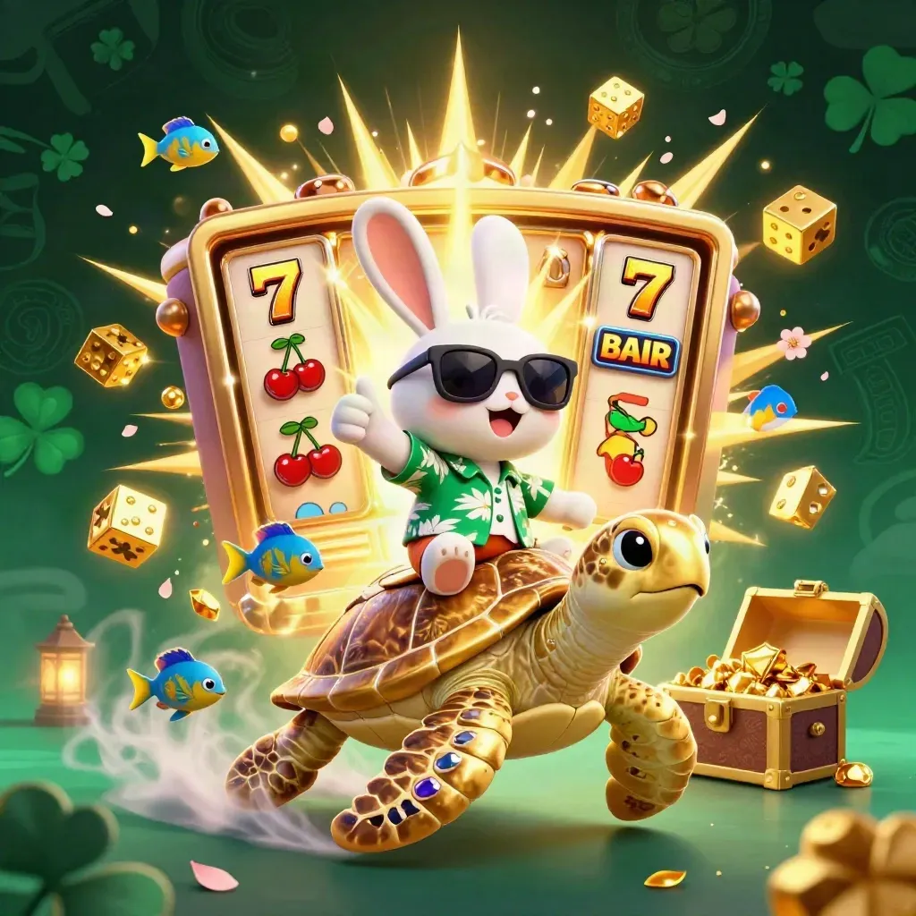 A lucky rabbit rides a gem-shell sea turtle through casino treasure bursts in emerald glow