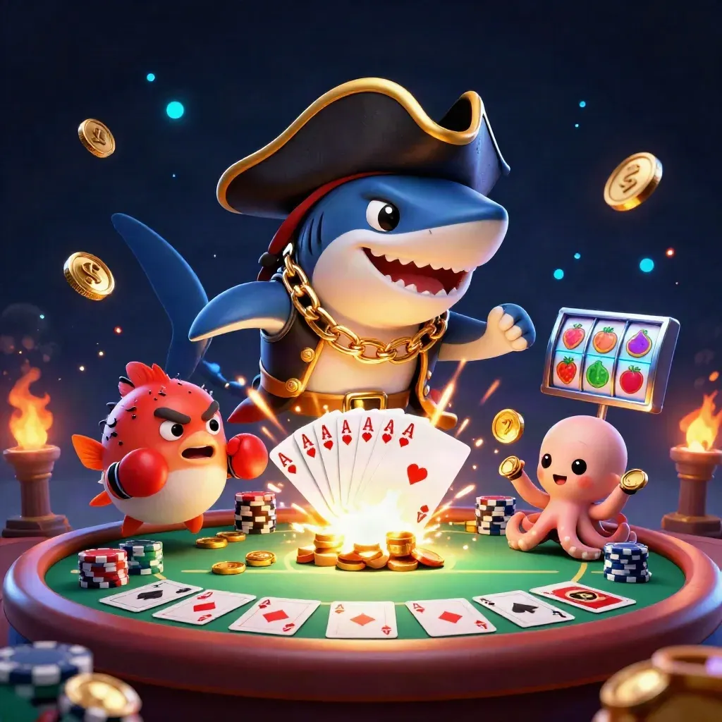 Pirate shark, boxing pufferfish, and juggling octopus amid casino chips and treasure bursts.