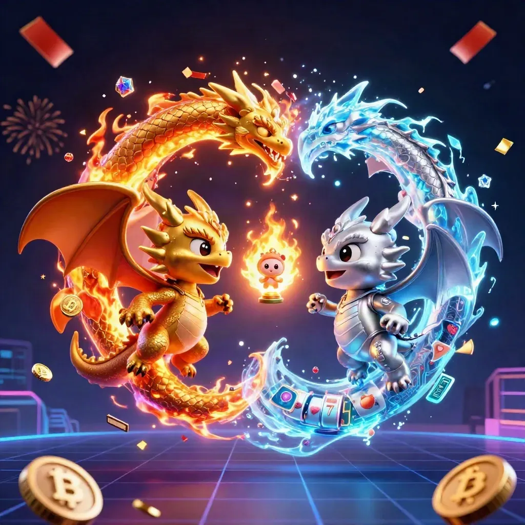 Gold and silver dragons spiral around a lantern spirit amid coins, lightning, gems and neon casino effects.