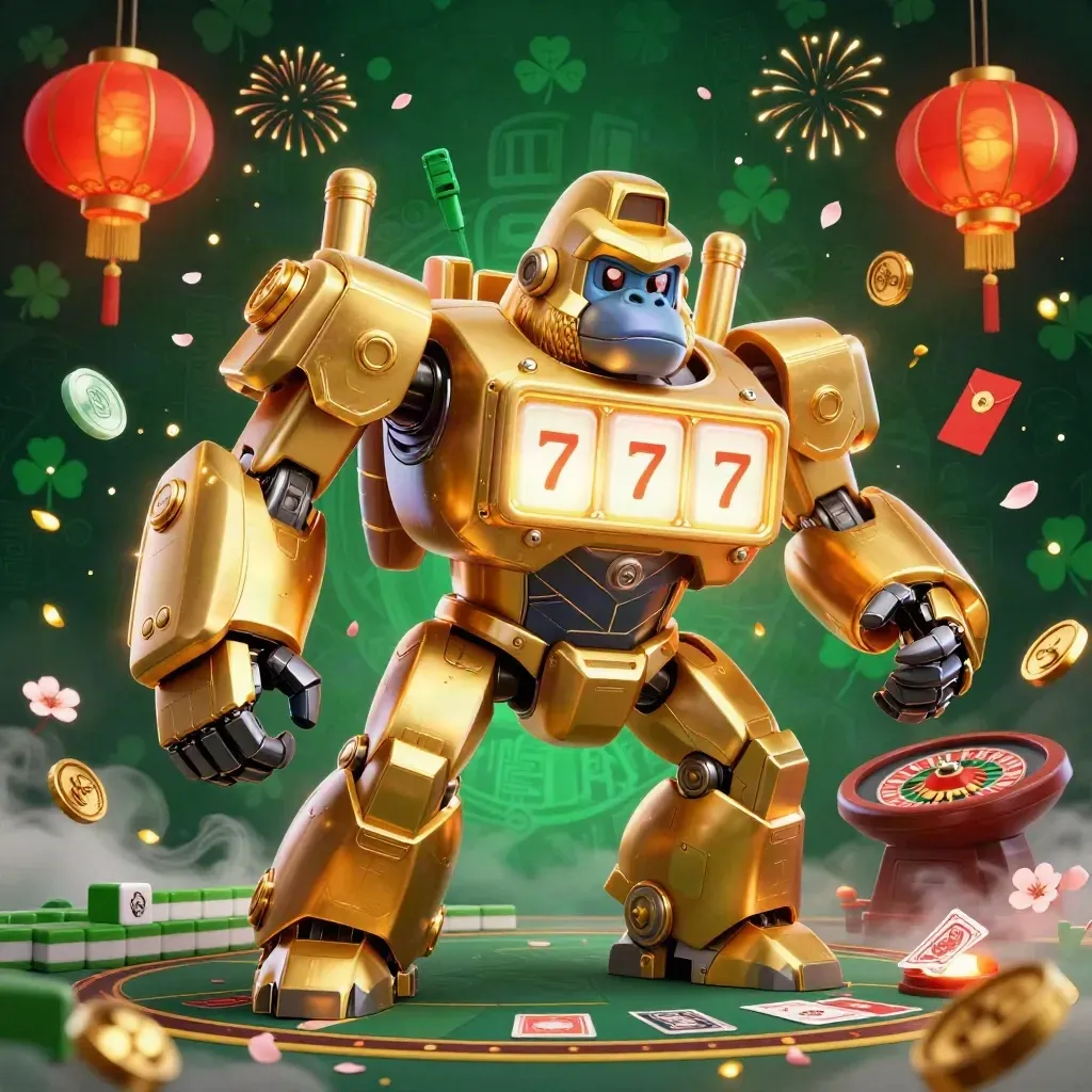 Golden gorilla mech with tiny monkey pilot amid casino and lucky-themed props, emerald and gold glow.