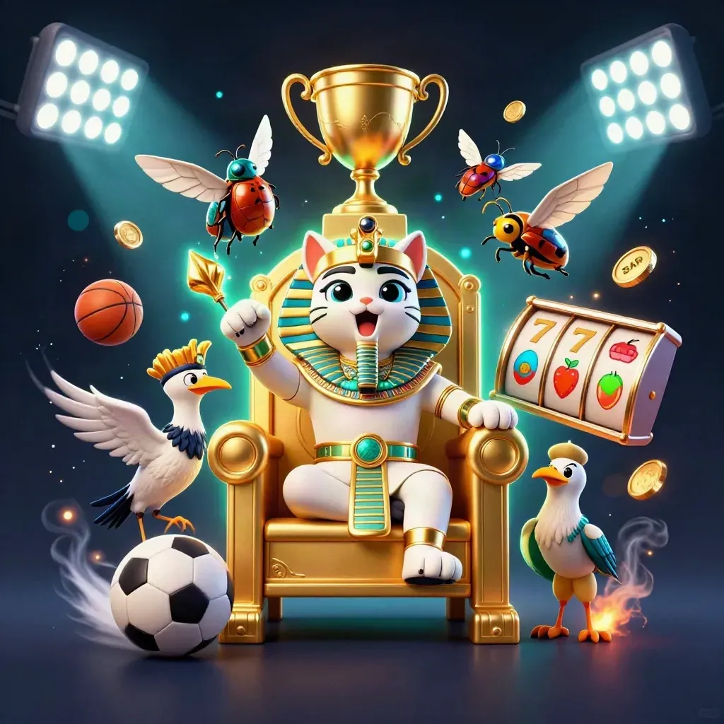 Pharaoh cat on throne with ibis scribe, gem scarabs, sports balls, coins, and casino glow.