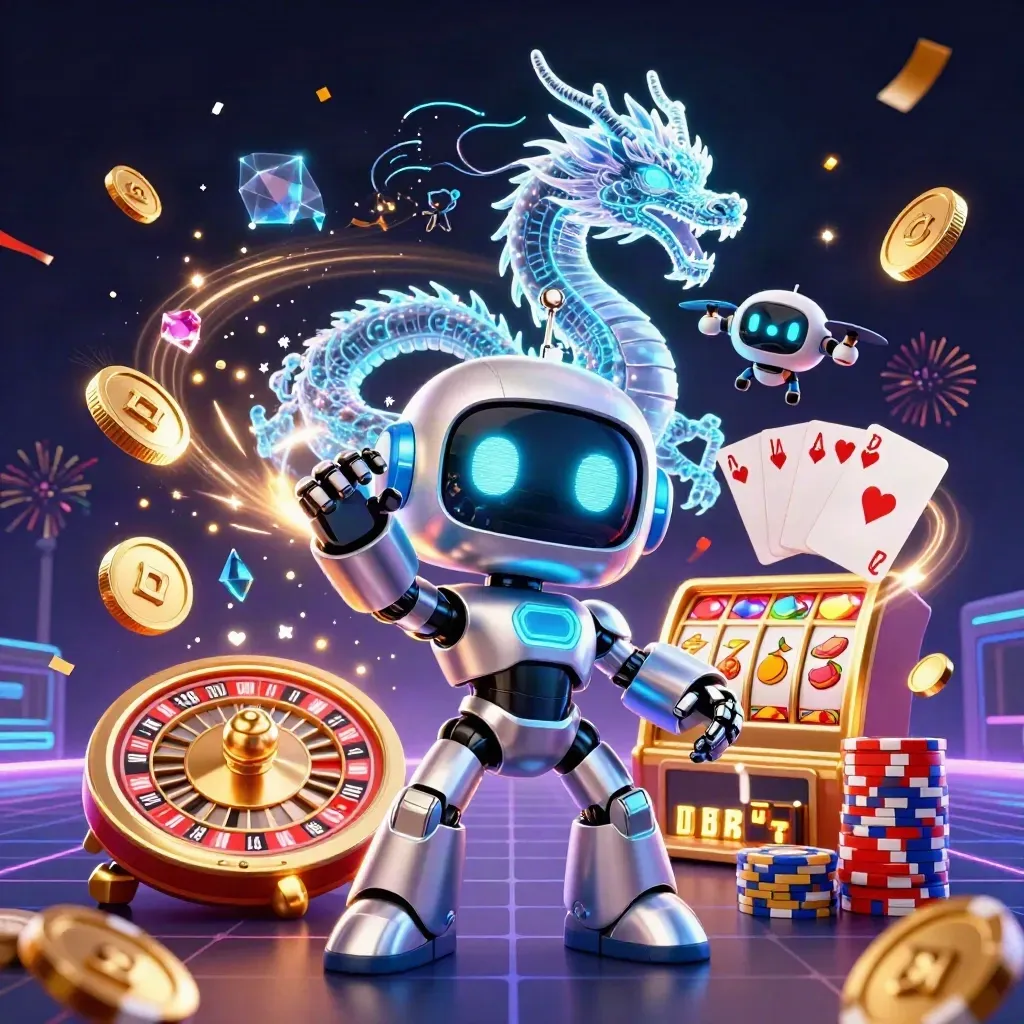Cyberpunk robot, holographic dragon and coin drone amid exploding casino loot in emerald glow.