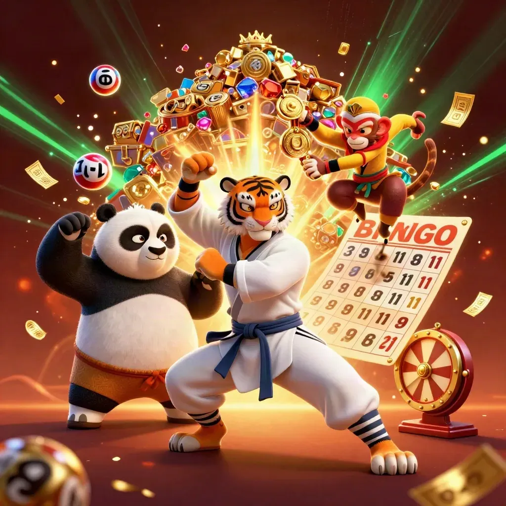 Tiger master, panda disciple, and monkey student amid glowing casino chaos and treasure bursts