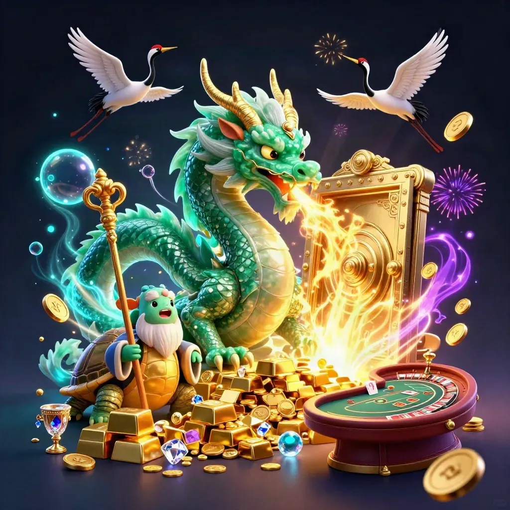 Emerald dragon, turtle sage, and cranes burst from a golden vault with casino treasures and glowing lights.