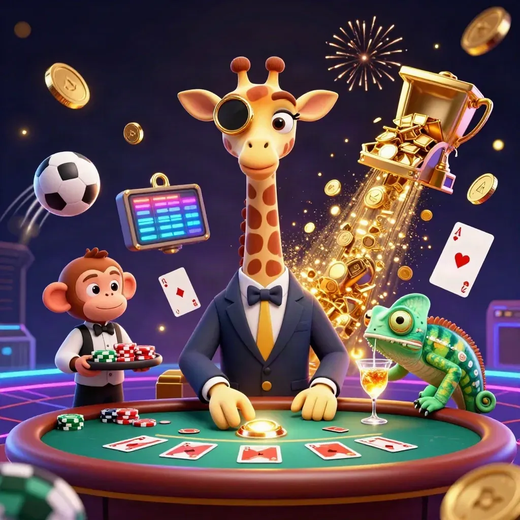 Luxury casino cartoon giraffe, monkey valet, and chameleon bartender amid coins, trophy, balls, and fireworks.