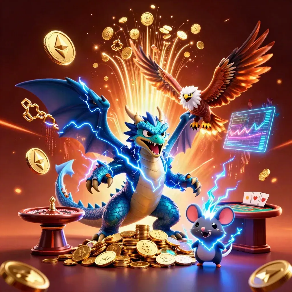 Thunder dragon, hawk, and mouse amid coins, lightning, roulette, and casino glow.