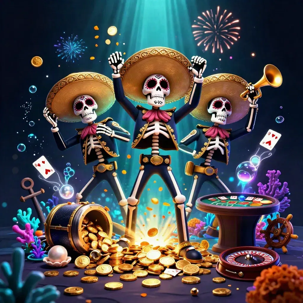 Skeleton mariachi trio amid gold coins, treasure cove glow, roulette spin, cards, bubbles, and fireworks