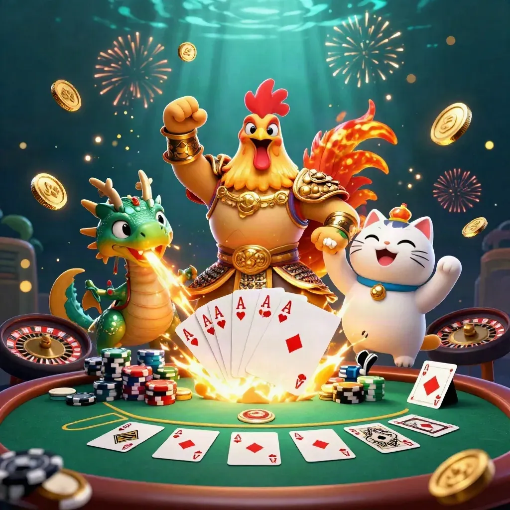 Rooster warrior, dragon hatchling, and fortune cat amid casino treasure, chips, and fireworks.