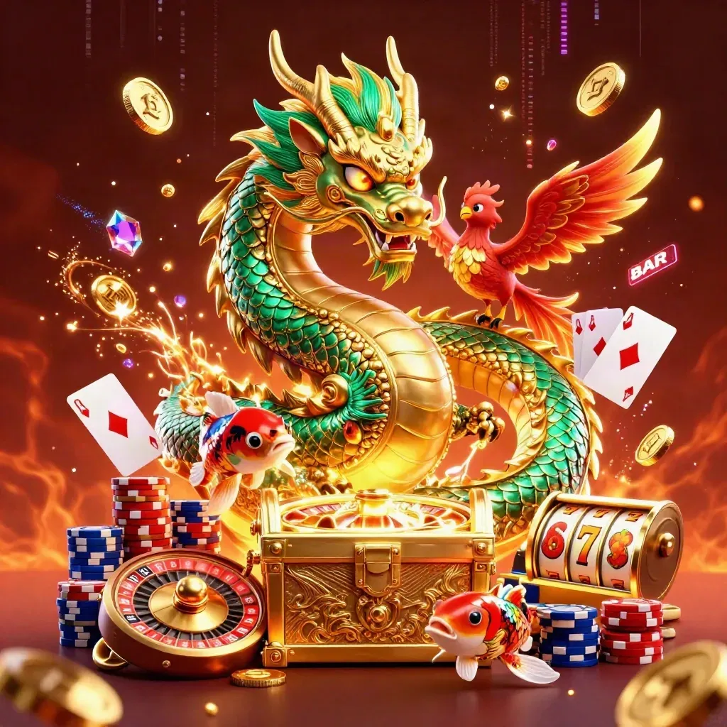 Golden dragon, phoenix, and koi amid casino coins, cards, chips, and roulette glow