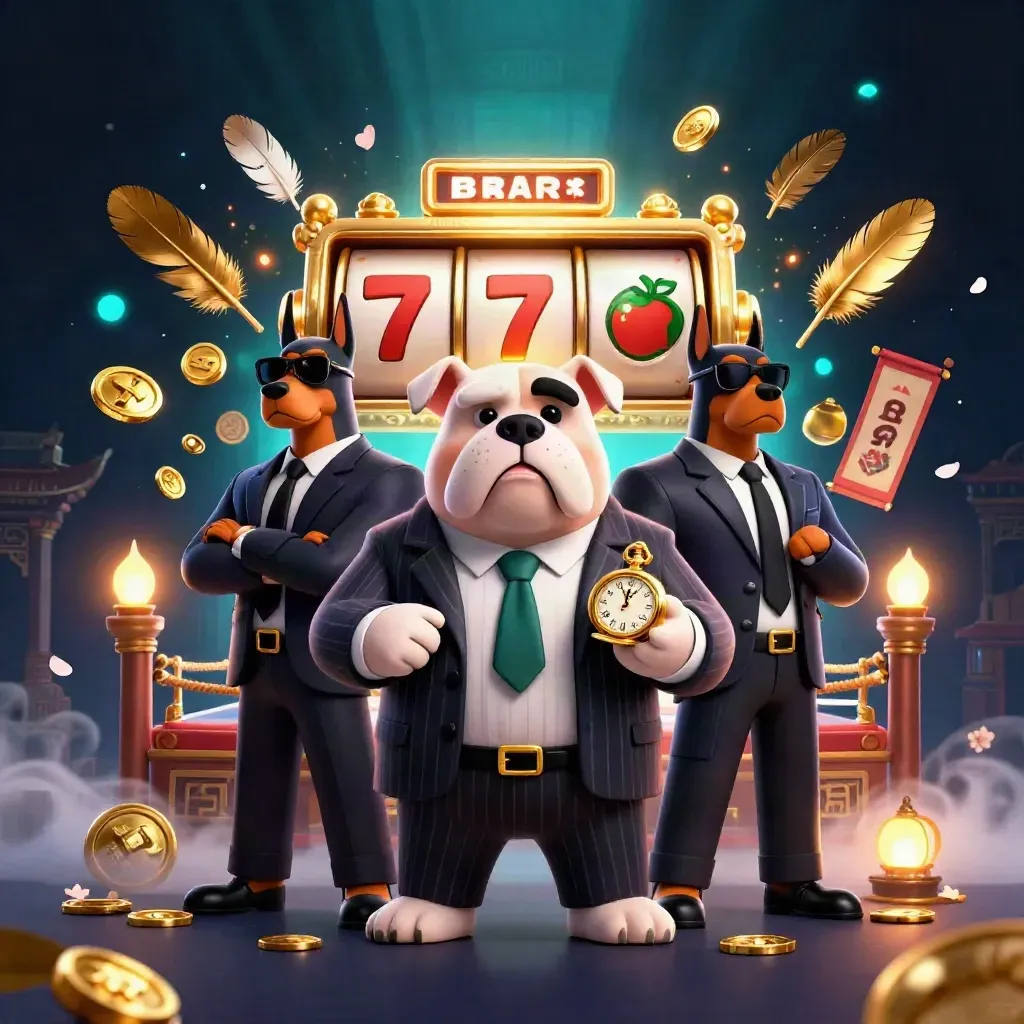 Mafia bulldog and two Dobermans amid slot reels, coins, temple gate, and neon casino glow