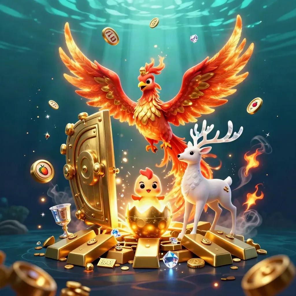 Fire phoenix, baby phoenix, and stag erupt from a glowing vault in emerald-gold casino fantasy.