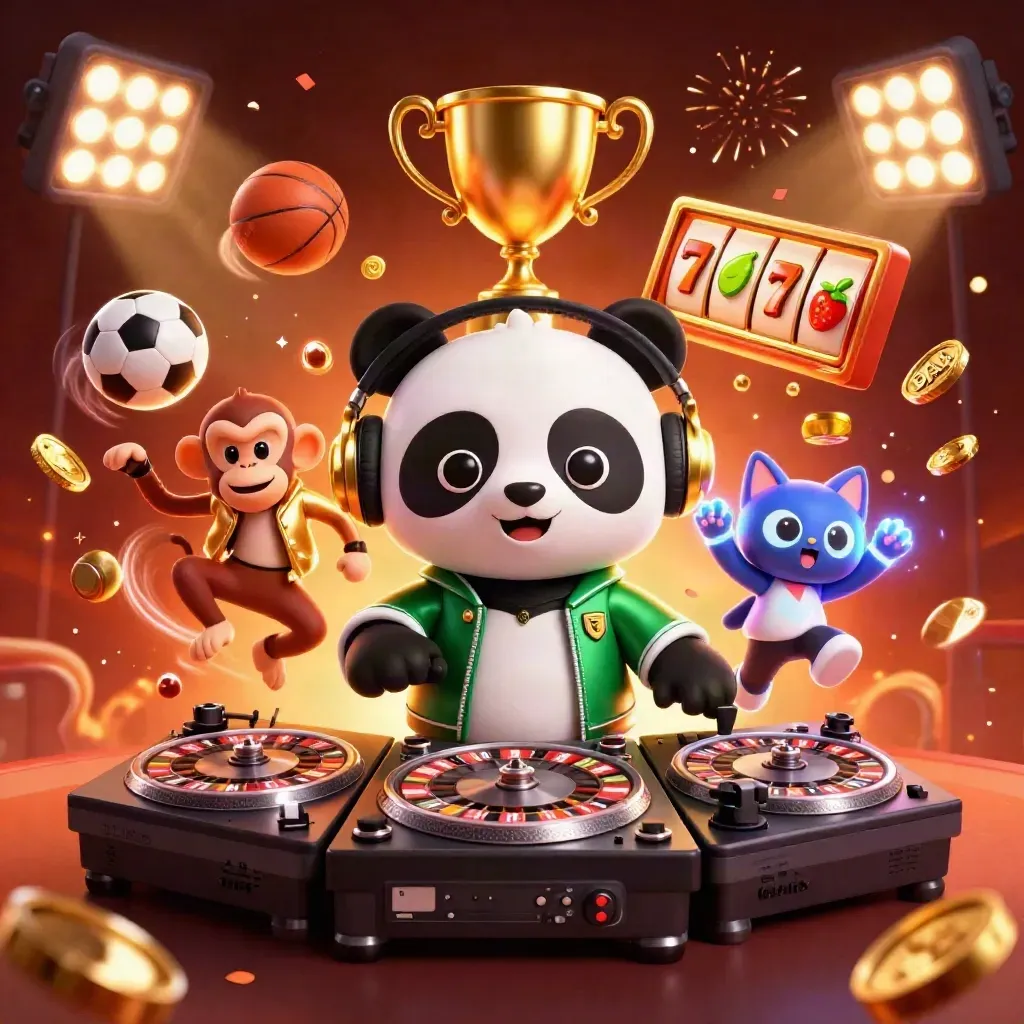 DJ panda, breakdancing monkey, and rave kitten amid casino lights, coins, and sports balls