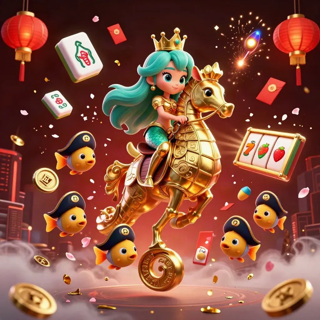 Mermaid princess on an armoured seahorse amid coins, lanterns, and slot symbols