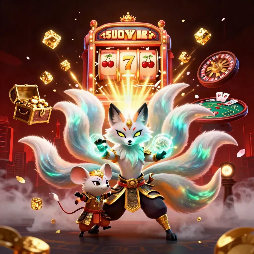 Nine-tailed fox spirit with armored mouse amid slot bursts, gold, dice, roulette and cards.