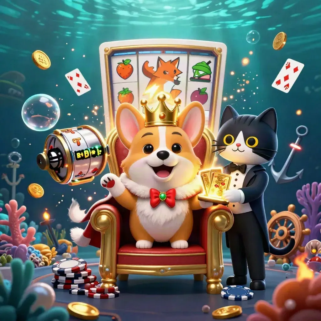 Royal corgi and cat butler on a chip throne in a glowing underwater casino treasure cove.