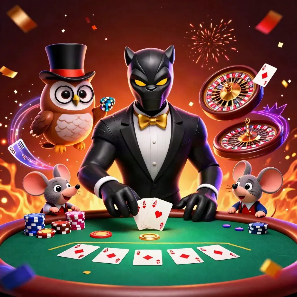 Panther, owl, and mouse in a luxe casino scene with chips, cards, and roulette
